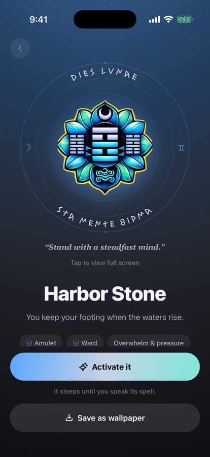 A dormant talisman, Harbor Stone, with an 'Activate it' button and the note 'It sleeps until you speak its spell.'
