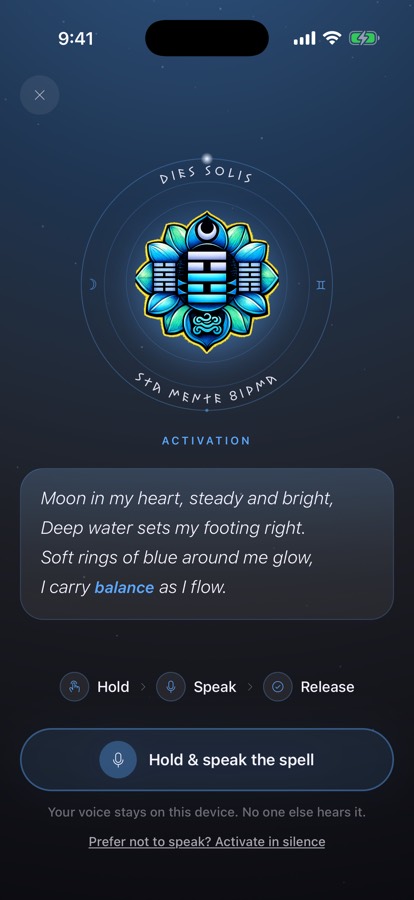The activation screen — a four-line rhyming spell appears above a 'Hold & speak the spell' button, with Hold, Speak, Release steps.