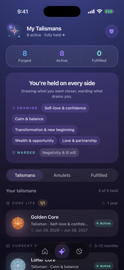 The MyTalisman codex — 8 forged, 8 active: 'You're held on every side', drawing self-love, calm, transformation, wealth and love while warding negativity.
