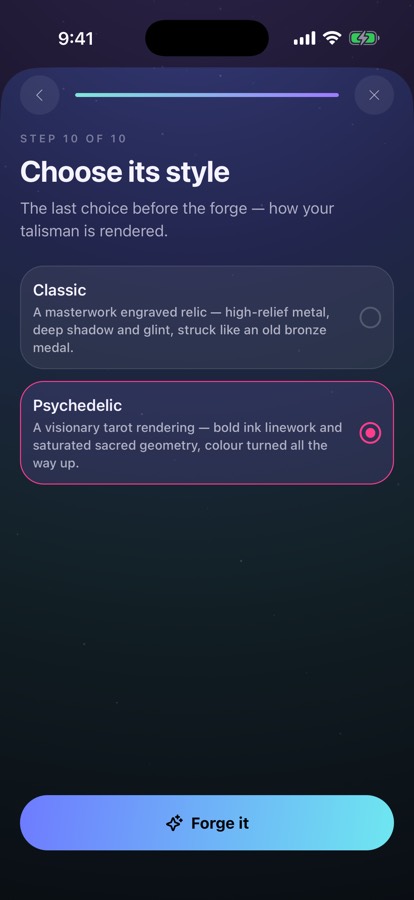 The last choice before the forge — 'Choose its style': Classic, a masterwork engraved relic, or Psychedelic, a visionary tarot rendering.