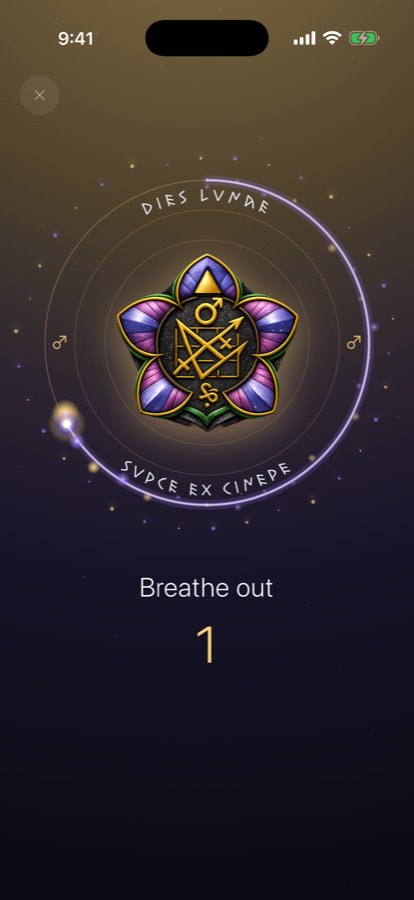 'Breathe out' — a spark of light orbits the Ash Vow seal, pacing the breath in, hold, out.