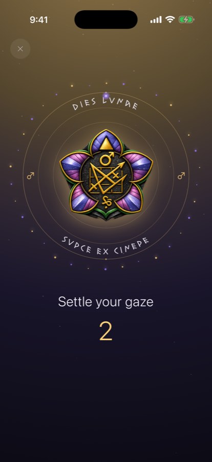 'Settle your gaze' — the Ash Vow seal held steady while a gentle count begins the ritual.