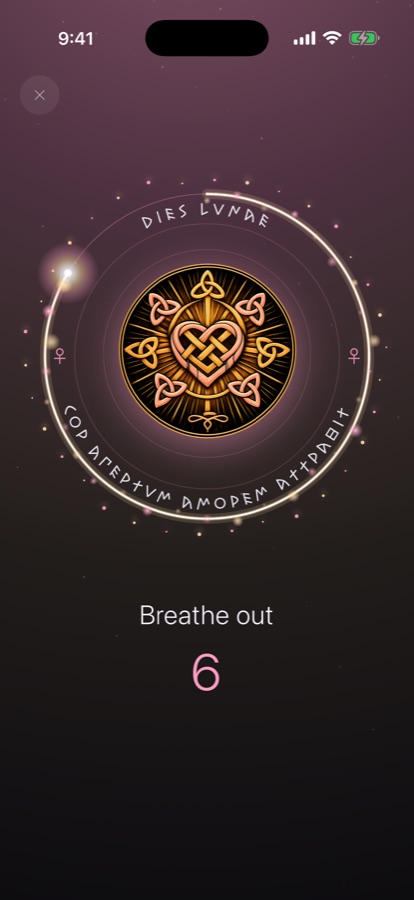 The MyTalisman breathing ritual — a spark of light orbits the seal while the app paces you: 'Breathe out, 6'.