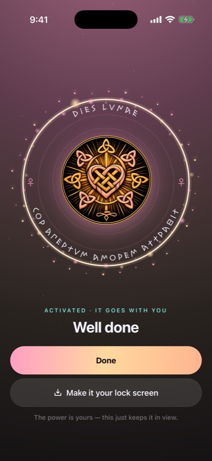 Ritual complete — 'Well done. Activated, it goes with you' — with options to finish or set the talisman as a lock screen.