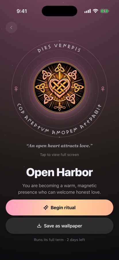 A love talisman in MyTalisman — Open Harbor, a woven golden heart with the motto 'An open heart attracts love'.