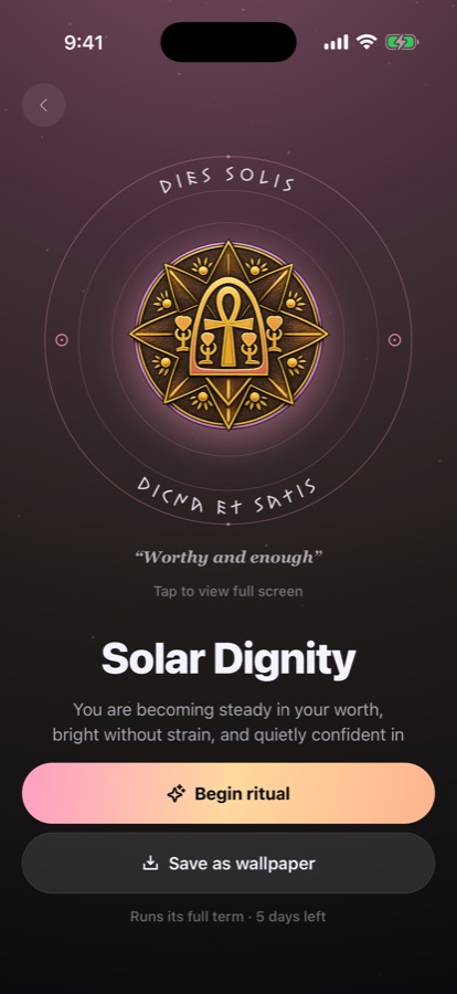 A freshly forged talisman — Solar Dignity, a golden ankh in a sun-star, inscribed 'Digna et satis': worthy and enough. You are becoming steady in your worth.