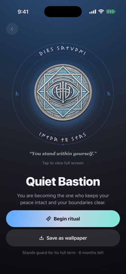 A protective ward in MyTalisman — the Quiet Bastion amulet, ringed with a Latin motto.
