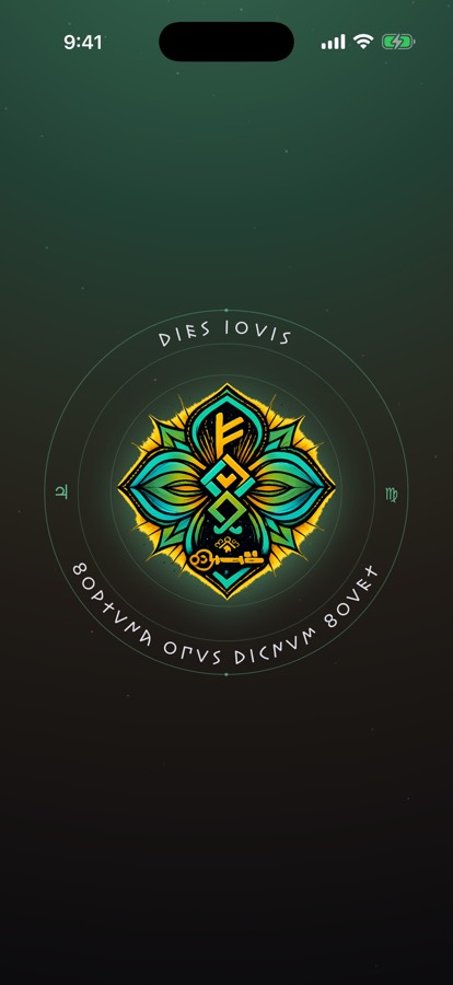 Crowned Acre prosperity talisman as a full-screen lock-screen wallpaper — a green rune-and-key seal ringed with 'Fortuna opus dignum sovet'.