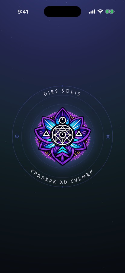 Laurel Ascent talisman — a violet feathered mandala with a watching eye, ringed with 'Gradere ad culmen': step toward the summit.