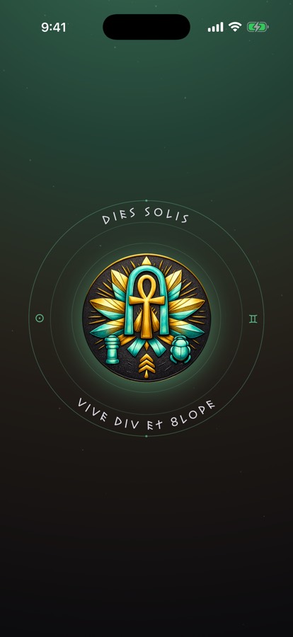Living Spring health talisman — a teal-and-gold ankh with a scarab on deep green: 'Vive diu et flore' — live long and bloom.