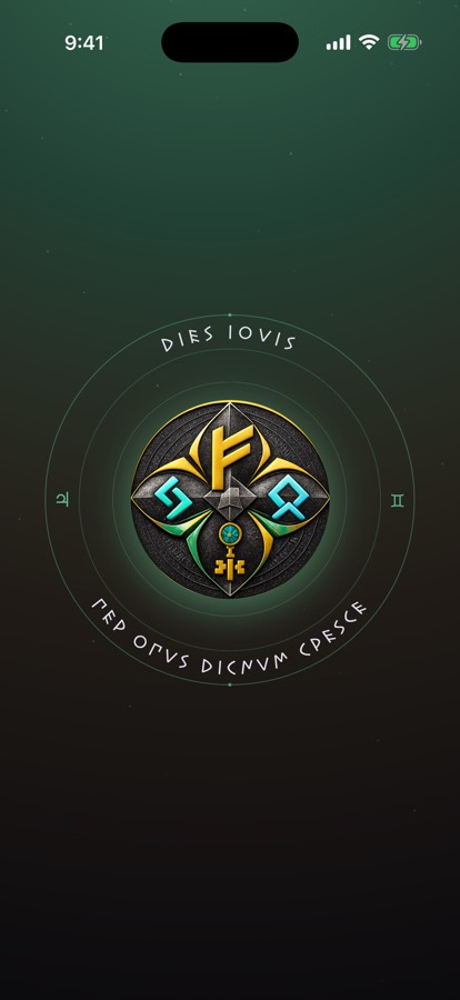 Crowned Threshold prosperity talisman — a dark iron seal of runes and a golden key: 'Per opus dignum cresce' — grow through worthy work.
