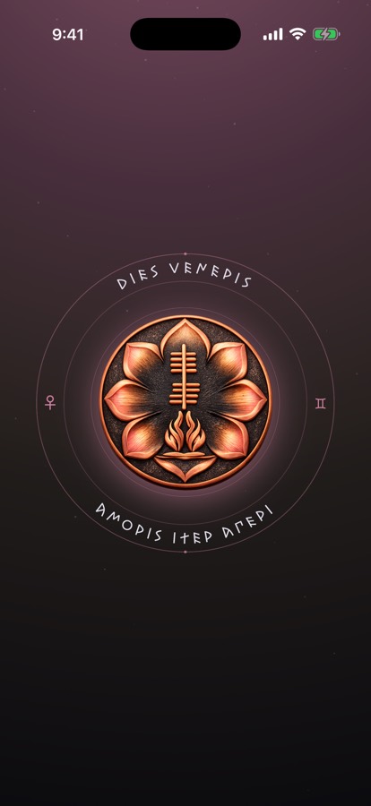 Warm Threshold love talisman — a copper bloom with a kindled flame, ringed with 'Amoris iter aperi': open the path of love.